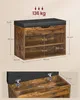A collage of a rustic brown shoe bench with a black upholstered top. The top image shows the bench with dimensions and weight capacity. The bottom image shows the bench open, revealing storage space. Náhled obrázku produktu