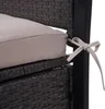 A close-up view of a cushion tied to a poly-rattan bench. Voir les images du produit