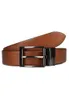 A brown leather belt with a black and silver buckle is shown against a white background. Produktbild-Vorschau
