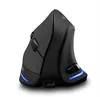 A black ergonomic vertical mouse with blue LED accents is shown against a white background. Produktbild-Vorschau