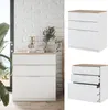 A collage of a white chest of drawers with a wood-effect top, shown in a room setting and as a standalone product. Voir les images du produit