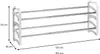 A white four-tier shoe rack with silver shelves is shown from a side angle. Dimensions are indicated with text and lines. Produktbild-Vorschau