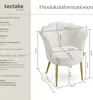 A white armchair with gold legs, shown with dimensions and product information. Náhled obrázku produktu