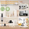 A collage of images showcasing a hand blender and its accessories, along with lifestyle shots of its storage and use. Produktbild-Vorschau