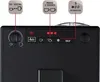 Close-up of the top control panel of a coffee machine, with callout boxes explaining features. Produktbild-Vorschau