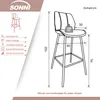 A diagram of a bar stool with dimensions and features listed. Podgląd zdjęcia produktu