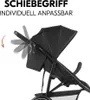 Close-up of a black stroller handle being adjusted, with German text above. Produktbild-Vorschau