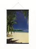 A poster hanging on a wall, framed by palm leaves, showing a tropical beach scene. Produktbild-Vorschau