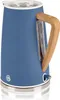 A blue electric kettle with a wooden handle is shown against a white background. Produktbild-Vorschau