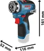 A Bosch cordless drill with dimensions indicated. Náhled obrázku produktu