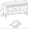 Diagrams showing the dimensions of a sideboard and a drawer. Voir les images du produit