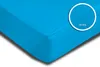 A close-up view of a turquoise fitted sheet, with a circular inset showing a magnified view of the fabric texture labeled 'Jersey'. Produktbild-Vorschau