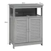 A gray bathroom cabinet with two louvered doors and an open shelf above. Dimensions are indicated by lines and numbers. Podgląd zdjęcia produktu