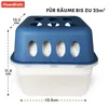 A blue and white dehumidifier is shown against a white background with dimensions indicated. Náhled obrázku produktu