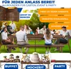 People are gathered around a picnic table in a garden setting, with food and drinks on the table. The image is divided into sections showcasing different uses for the table. Produktbild-Vorschau