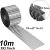 A roll of corrugated metal garden edging is shown, with close-up details of its thickness and width. Náhľad obrázku produktu