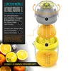An exploded view diagram of a citrus juicer, with accompanying text in German explaining its usage. Produktbild-Vorschau