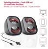 Two black and red speakers with cables, accompanied by icons representing PC, smartphone, tablet, and laptop. Produktbild-Vorschau