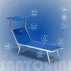 A blue and silver beach lounger with various features highlighted by callout circles and text. Produktbild-Vorschau