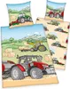 A collage of images showing different parts of a tractor-themed bedding set, including pillows and a duvet cover, with illustrations of tractors and farm scenes. Náhled obrázku produktu