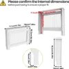 Diagrams and text indicating the dimensions of a white radiator cover. Náhled obrázku produktu
