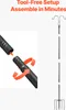 An illustration showing how to assemble a shepherd's hook, with text indicating tool-free setup. Produktbild-Vorschau