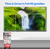 A television displaying a waterfall scene with resolution comparisons, accompanied by award badges. Produktbild-Vorschau