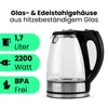 A glass electric kettle with a black handle and silver base, shown on a white background with feature callouts. Produktbild-Vorschau