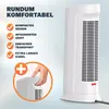 A white tower fan is shown on a light blue gradient background, with text and icons highlighting its features. A close-up inset shows a hand gripping the integrated handle. Produktbild-Vorschau