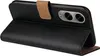 A black flip case for a smartphone is shown from a side angle, propped open. Produktbild-Vorschau