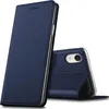 A dark blue flip case for an iPhone XR is shown from two angles, one closed and one open, revealing the phone's camera. Produktbild-Vorschau