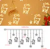 Christmas lights with reindeer and star shapes hanging against an orange background, with a diagram showing dimensions below. Produktbild-Vorschau