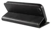 A black leather flip case for a smartphone is shown from the side, propped open. Produktbild-Vorschau