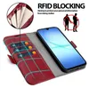 A red flip phone case with card slots is shown open, with a smartphone inside. Text overlays highlight 'RFID BLOCKING' and a graphic shows two figures with a prohibition symbol. Anteprima dell’immagine prodotto