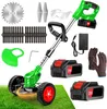 A collection of images showing a cordless grass trimmer and its accessories, laid out on a green grassy surface and a white background. Produktbild-Vorschau