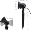 Diagrams showing the dimensions and rotation capabilities of a garden spotlight. Produktbild-Vorschau