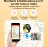A smartwatch and a smartphone displaying a map are shown on a map background, with icons and text describing features. Produktbild-Vorschau