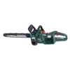A studio shot of a green and black cordless chainsaw. Produktbild-Vorschau