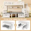 A white wooden bunk bed with storage drawers and a desk/bench area, shown in two different configurations. Produktbild-Vorschau