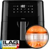 A black Medion air fryer is shown with a close-up inset highlighting the heating element. Produktbild-Vorschau