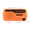 An orange emergency radio with various labels pointing to its features. Voir les images du produit