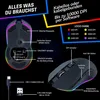 A marketing image showcasing the features of a KLIM Blaze gaming mouse with various labels and diagrams. Produktbild-Vorschau