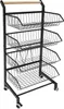 A black metal kitchen cart with four wire baskets and a wooden handle, shown against a white background. Podgląd zdjęcia produktu