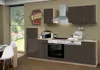 A modern kitchen featuring glossy brown cabinets, an oven, and a stovetop, with a window showing a garden view.