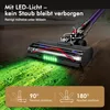 A cordless vacuum cleaner head with LED lights cleaning a wooden floor, with text overlays and diagrams illustrating its features. Produktbild-Vorschau