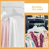 Collage of images showing white clothing hangers, one with a pink and white cardigan draped over it, and another being held by a hand over a floral dress. Produktbild-Vorschau