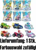 A collage of Paw Patrol vehicles in their packaging and displayed individually, with German text indicating quantity and color selection. Produktbild-Vorschau