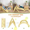 A collage of images showing children playing on a wooden climbing set and diagrams of the set's components. Produktbild-Vorschau