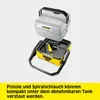 A Kärcher pressure washer with its water tank detached, showing how the pistol and hose can be stored compactly underneath. The text indicates this storage method. Náhled obrázku produktu