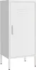 A white metal storage cabinet with a single door and ventilation slits on the top right of the door, standing on four thin legs. Náhled obrázku produktu